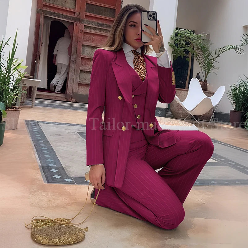 Slim Fit Double Breasted Green Striped Suit Set For Women