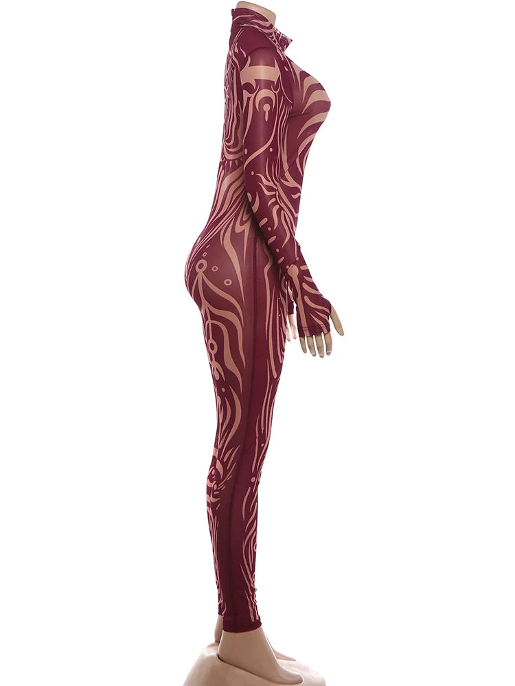 Striped Stretch Turtleneck Long Sleeve Jumpsuit for Women
