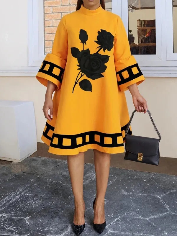 Modigirl Flower Print  Loose Yellow Dresses for Women Autumn Winter Clothes Flared Sleeves Woman Midi Casual A-line Dress
