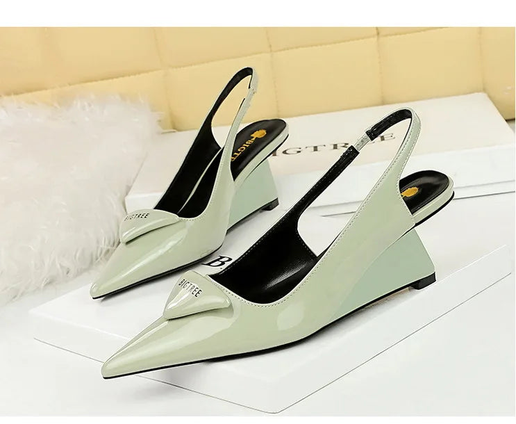 Patent Leather Wedge Heel Pumps With Back Strap for Women