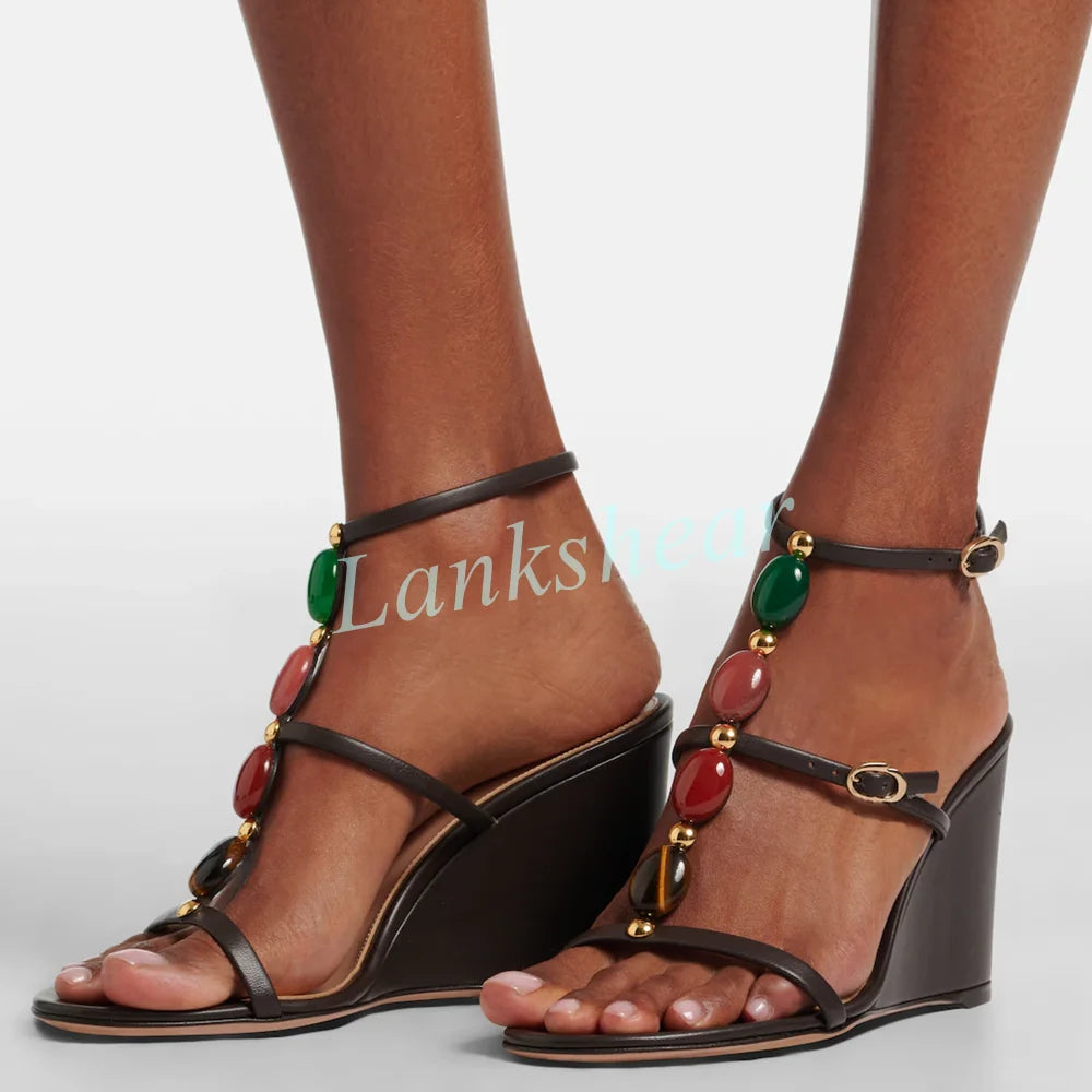 Multicolor Stone Embellished Ankle Buckle Wedge Sandals for Women