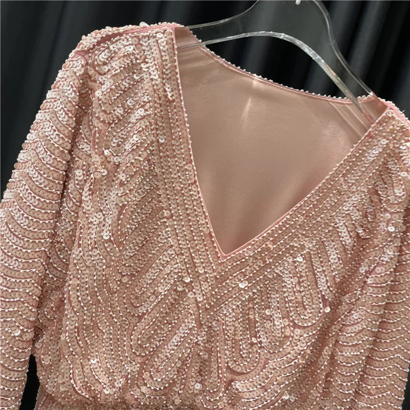 Ladies New Heavy Handmade Bling Beaded Sequins Batwing Sleeve Top Slimming Oversized Blouse Elegant Nightclub Pullover Shirts