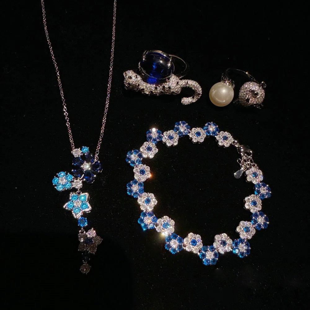 Vintage Blue Floral Zircon Necklace and Bracelet Set for Women