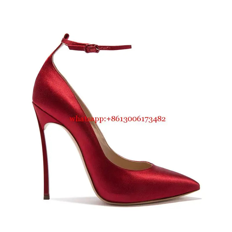 Champagne Silk Pointed Toe Stiletto Pumps With Ankle Strap for Women
