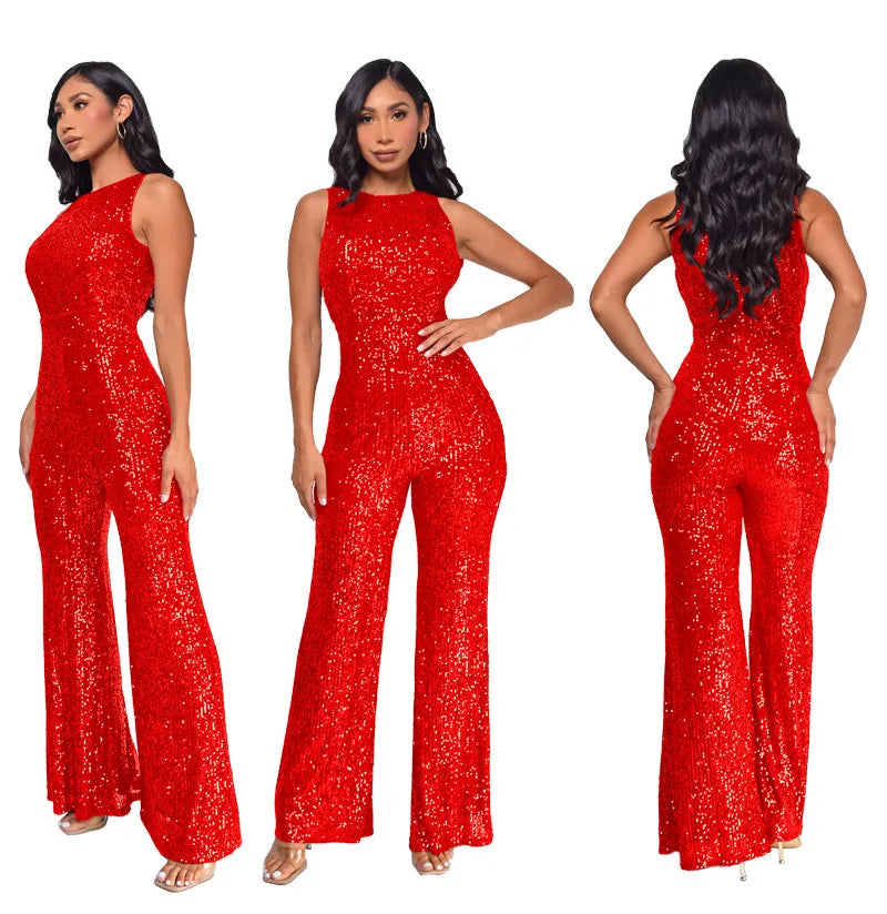 Elegant Silver Sequined Straight Cut Jumpsuit for Women