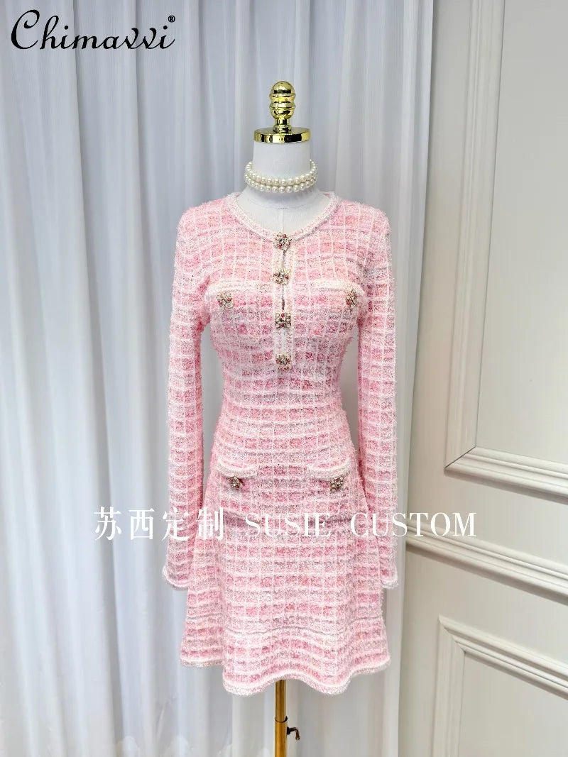 High-end French Heavy Color Diamond Button Plaid Knitted Round Neck Long Sleeve Dress Fashion Round Neck Elegant Sweater Dress