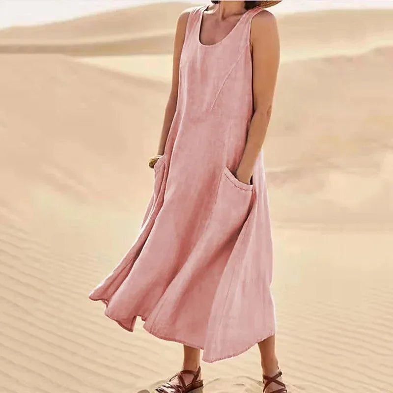 Casual Sleeveless Midi Dress With Side Pockets For Women