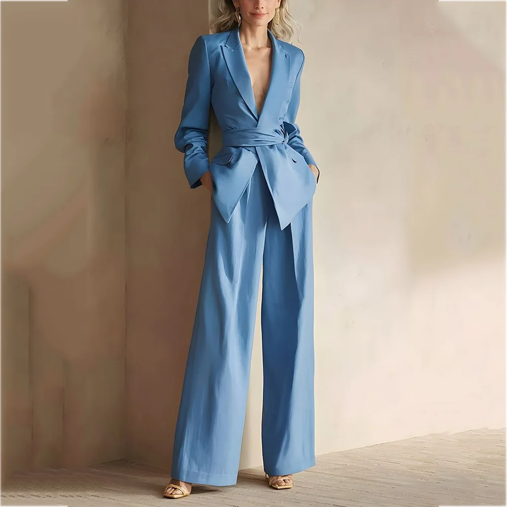 Casual Women's Suit Straight Peak Lapel Fashion Outfit with Belt Solid Color High Quality Office Meeting Female Daily Set