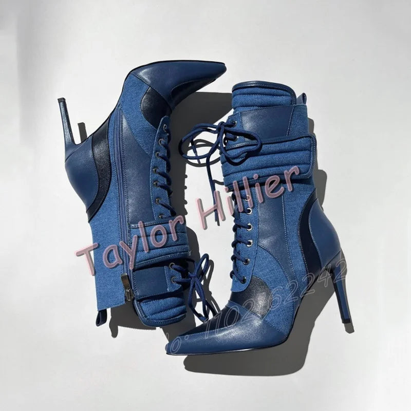 Lace Up Denim Pointed Toe Stiletto Ankle Boots for Women