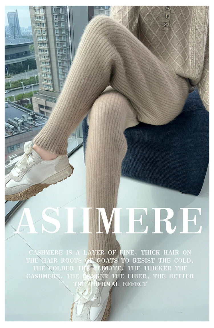 Warm Knit Elastic Waist Slim Fit Trousers for Women