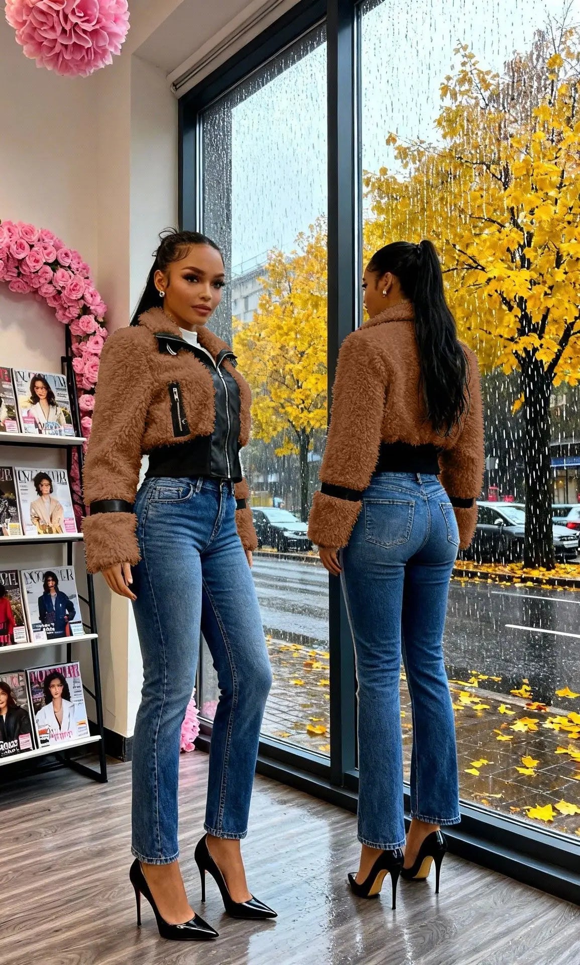 Winter Faux Fur Patchwork Leather Jacket for Women