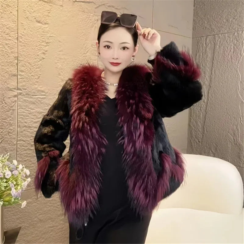 Real Rex Rabbit Fur Coat Women Autumn Winter Short Jacket Thick Warm New Raccoon Dog Fur Collar Elegant Female Warm Outerwear