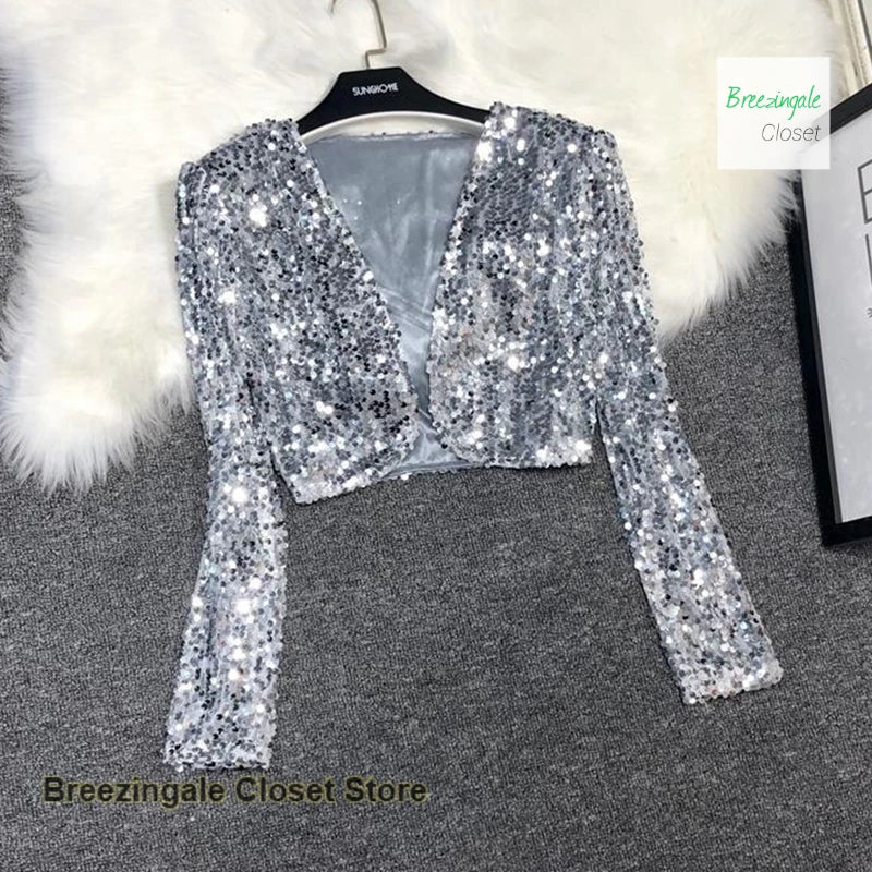 Elegant French Style Short Sequined Jacket For Women