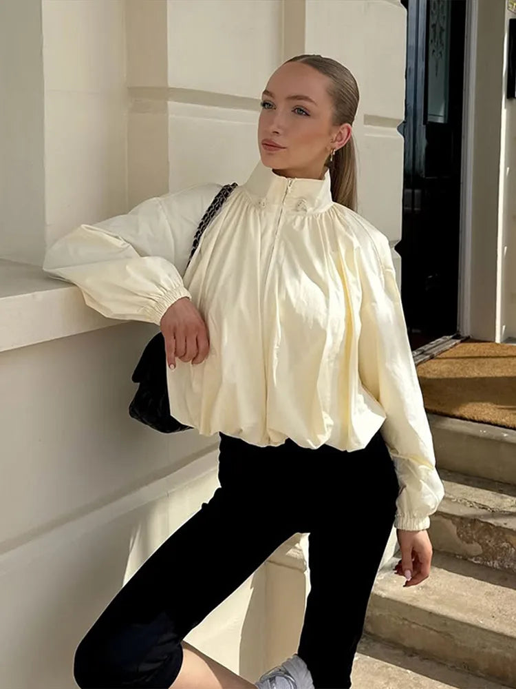 Zip Up High Neck Puff Sleeve Cropped Jacket For Women