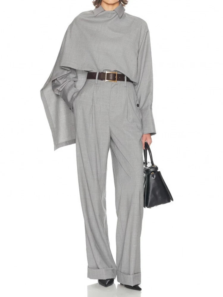 Caramel Shirt and Wide Leg Pants Two Piece Set for Women