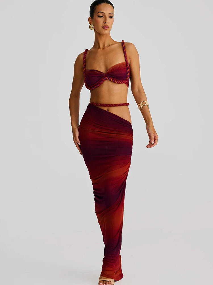 Woven Pleated Crop Top and Maxi Skirt Two Piece Set for Women