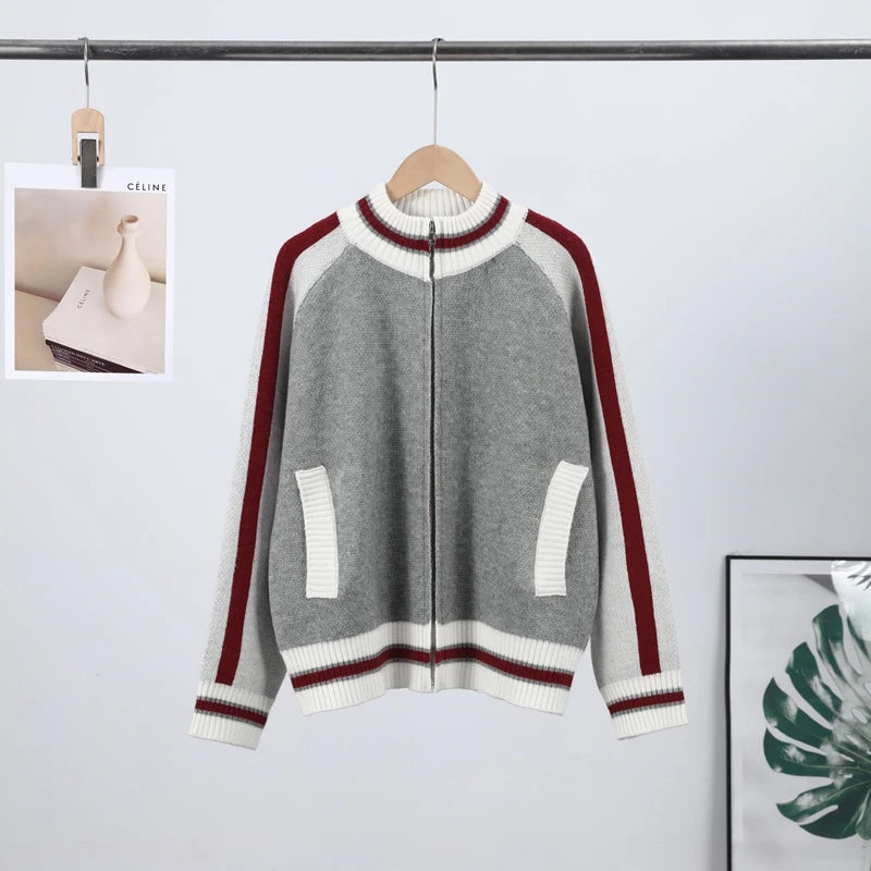 Printed Striped Knitted Baseball Cardigan for Women