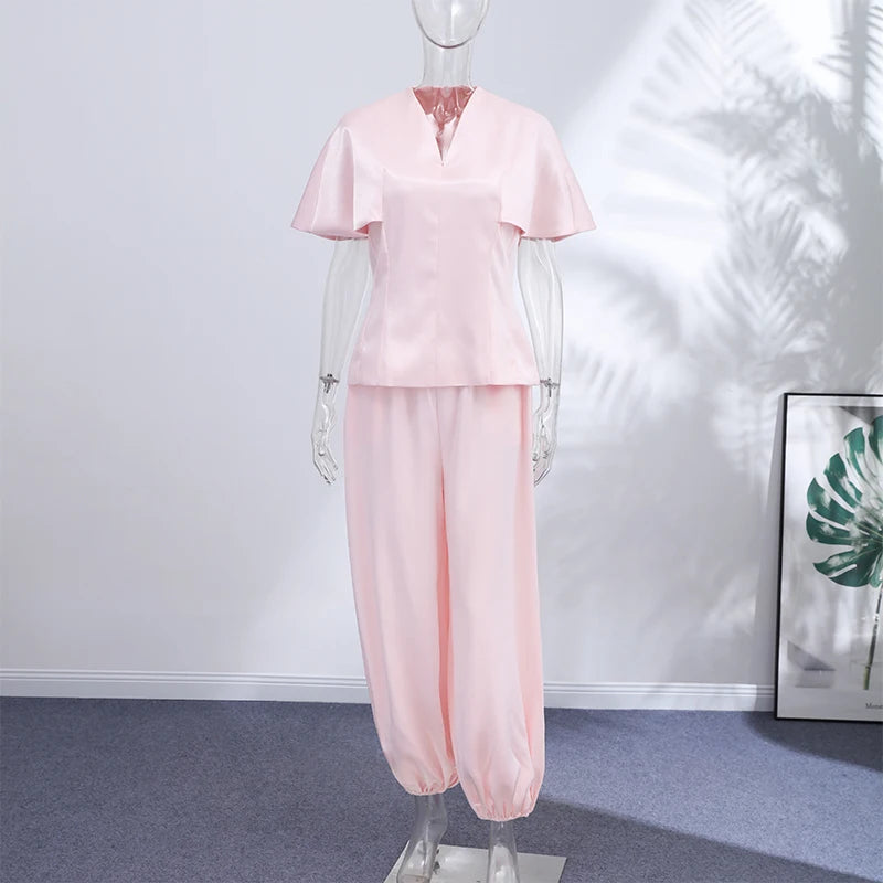 Casual V-Neck Top and Wide-Leg Pants Set for Women