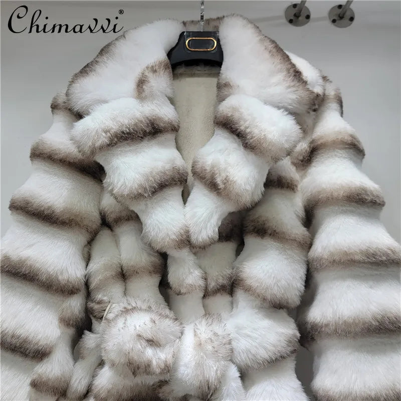 Autumn Winter Fashion Light Luxury Large Lapel Eco-Friendly Faux Fur Plush Coat Women Heavy Craft Long Sleeve Elegant Jackets