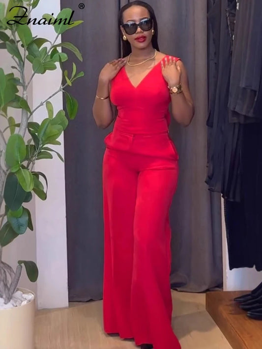 Znaiml Casual Wide Leg Pants Set Women Summer Sleeveless V Neck Backless Bowknot Tops Two 2 Piece Outfits Elegant Vacation 2025