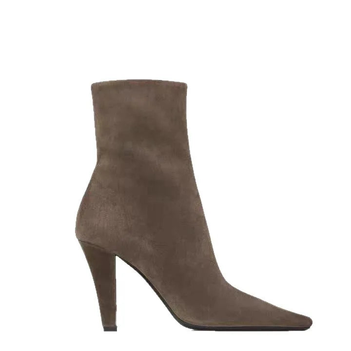 Pointy Toe Grey Suede Zippered Ankle Boots for Women