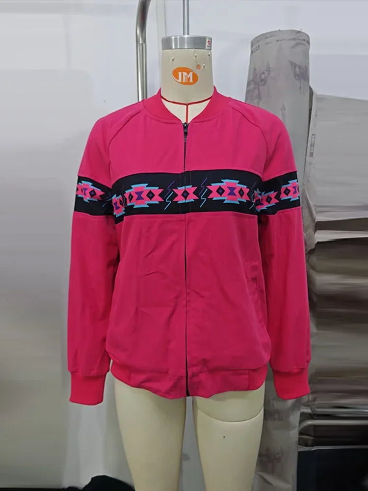 Printed Zippered Stand Collar Lightweight Jacket for Women
