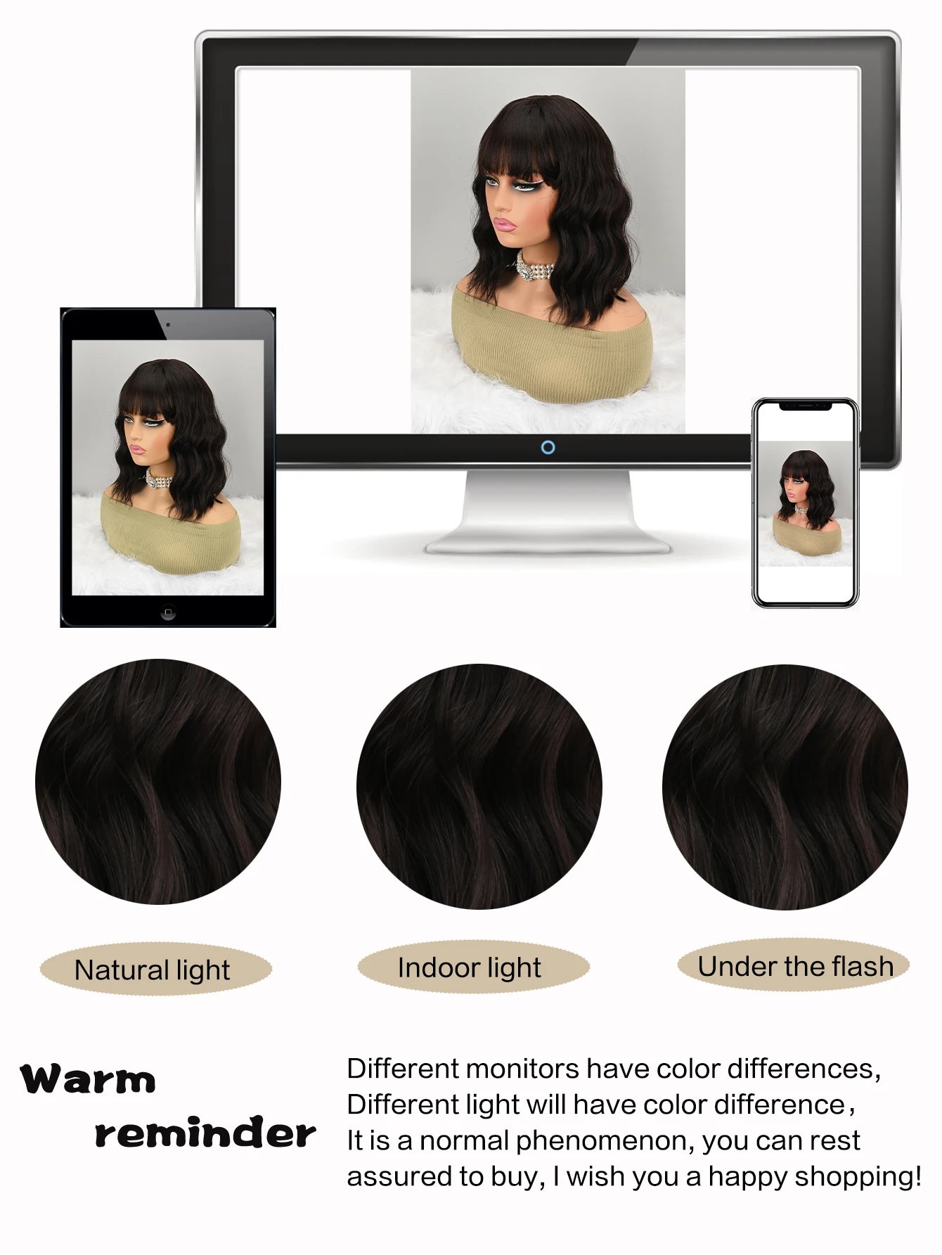 Natural Brown Synthetic Curly Wavy Bangs Bob Wig for Women