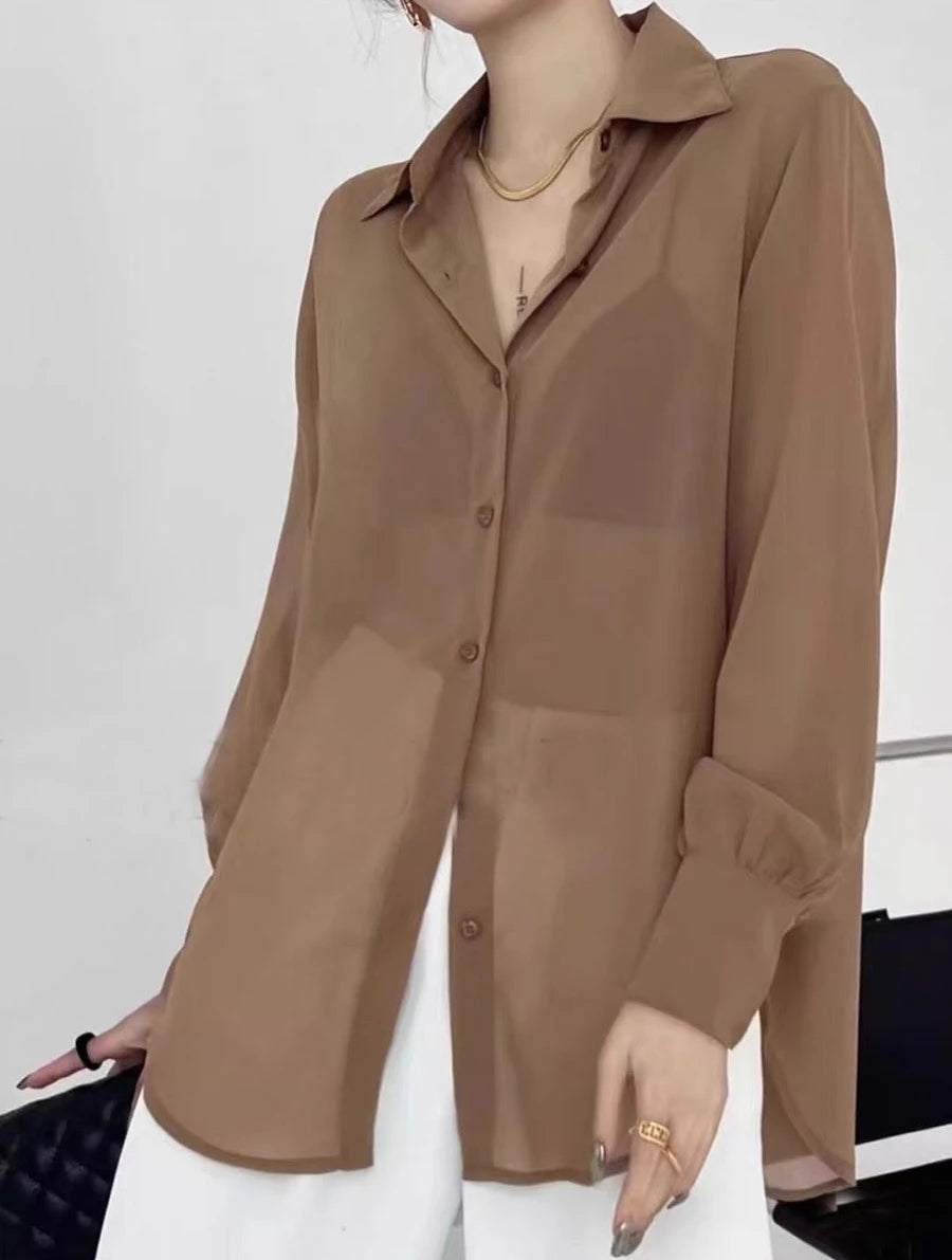 Women Long Sleeve Sun Protection Summer Chiffon Blouse Lightweight Open Front Loose Casual Elegant Beach Tops