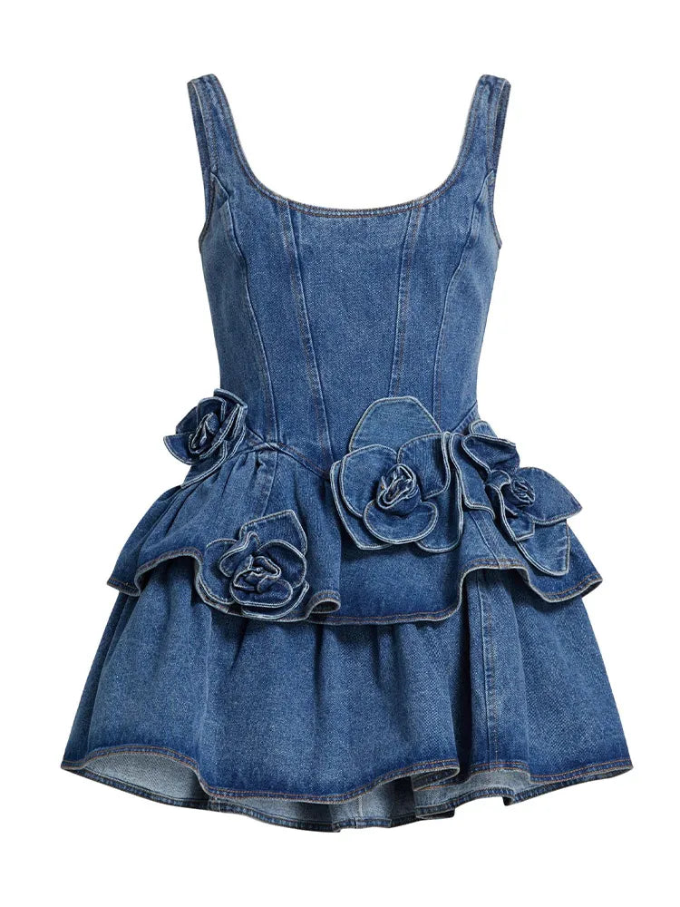 Chic Summer 3d Floral Denim Mini Dress Vintage A Line Halter High Street Sling Dress Vesidos Fashion New Lady Clothing Dress