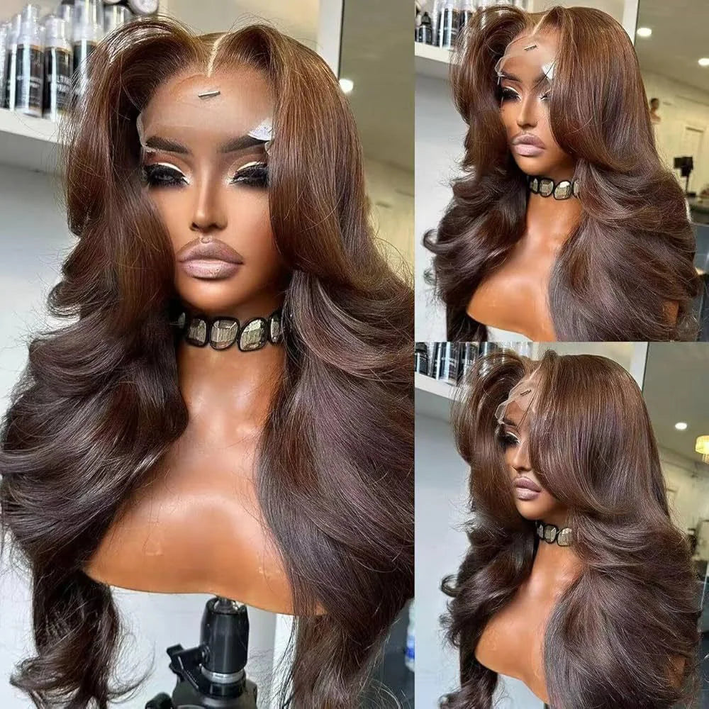 Chocolate Brown Long Body Wave Human Hair Lace Front Wig for Women