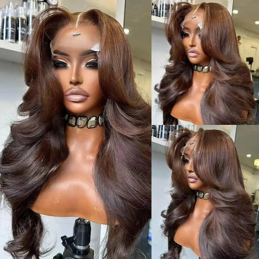 Chocolate Brown Long Body Wave Human Hair Lace Front Wig for Women