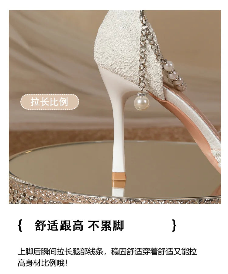 White Pearl Buckle Pointed Bridal Heels