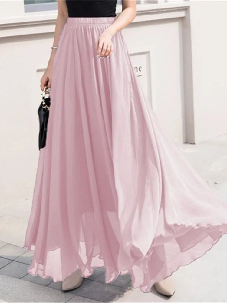 Elegant Solid Color Chiffon A-Line Skirt with High Waist for Women