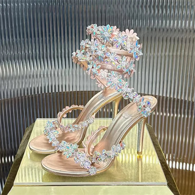 Crystal Strappy Wrap Ankle Stiletto Sandals for Women