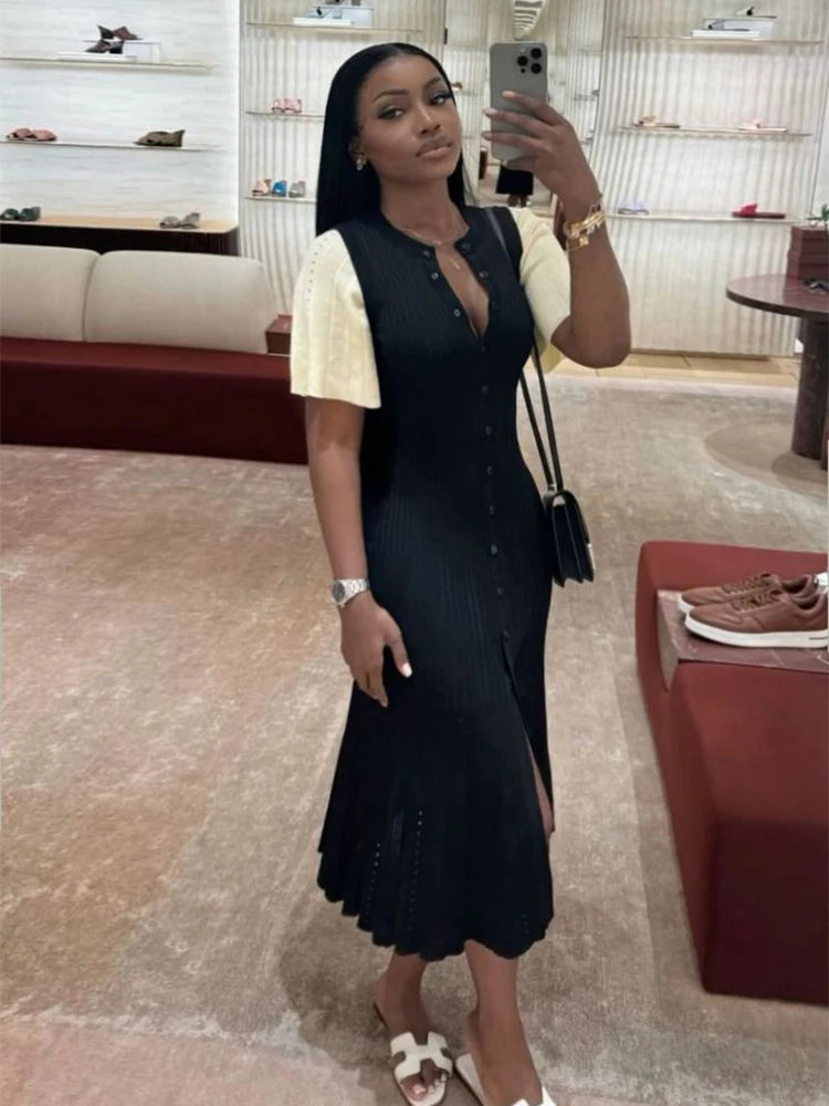 Elegant Pleated Hem Street Fashion O Neck Bell Sleeve Slim Knit Midi Dress 2025 Women Summer Beach Swimsuit Cover Up Tunic A3055