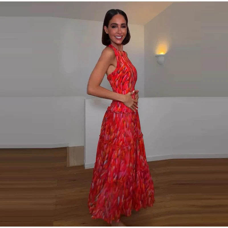 Printed Halter Neck Maxi Dress and Cropped Jacket Set for Women