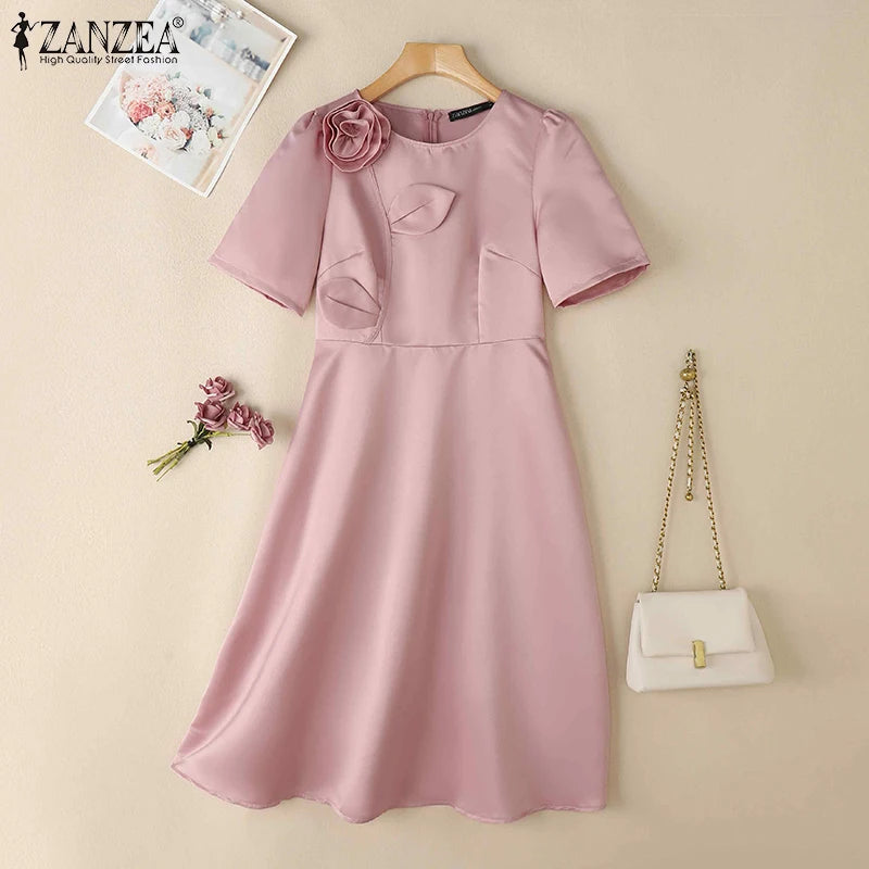 Satin Floral Applique Midi Dress