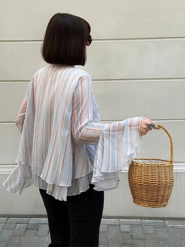 Casual Striped Long Flare Collar Cascading Ruffle Shirt for Women