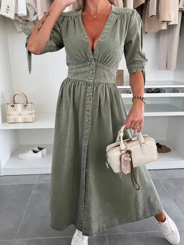 Spring Summer V Neck Fashion Maxi Dress, Women Half Sleeve Elegant Simple Party Dress, Single-Breasted Chic Ladies Dress Vestido