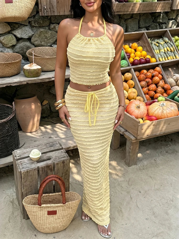 Ruffled Edge Halter Backless Two-Piece Set for Women