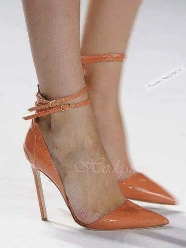 Patchwork Buckled Straps Pointed Sandals with Stiletto Heels for Women