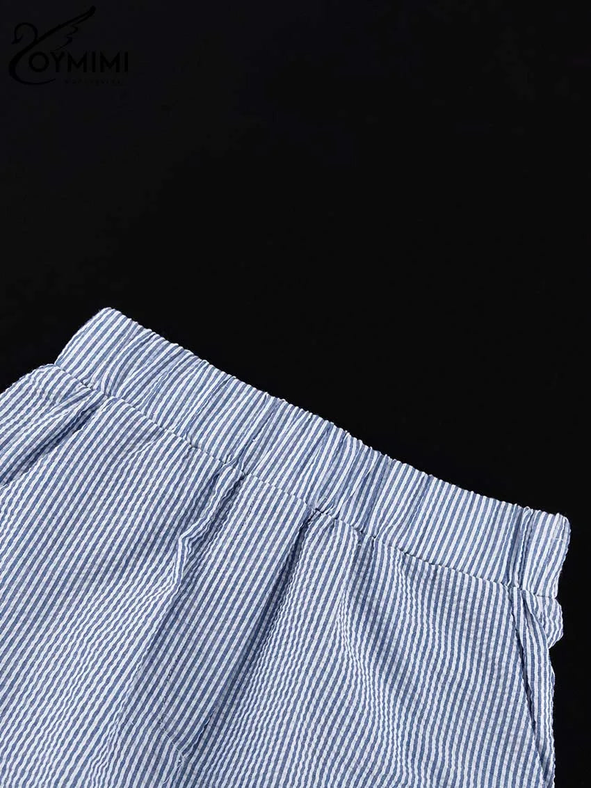 Oymimi Casual Dark Blue Print Women's Two Pieces Set Elegant Long Sleeve Button Shirt And Low Waist Straight Trousers Female Set