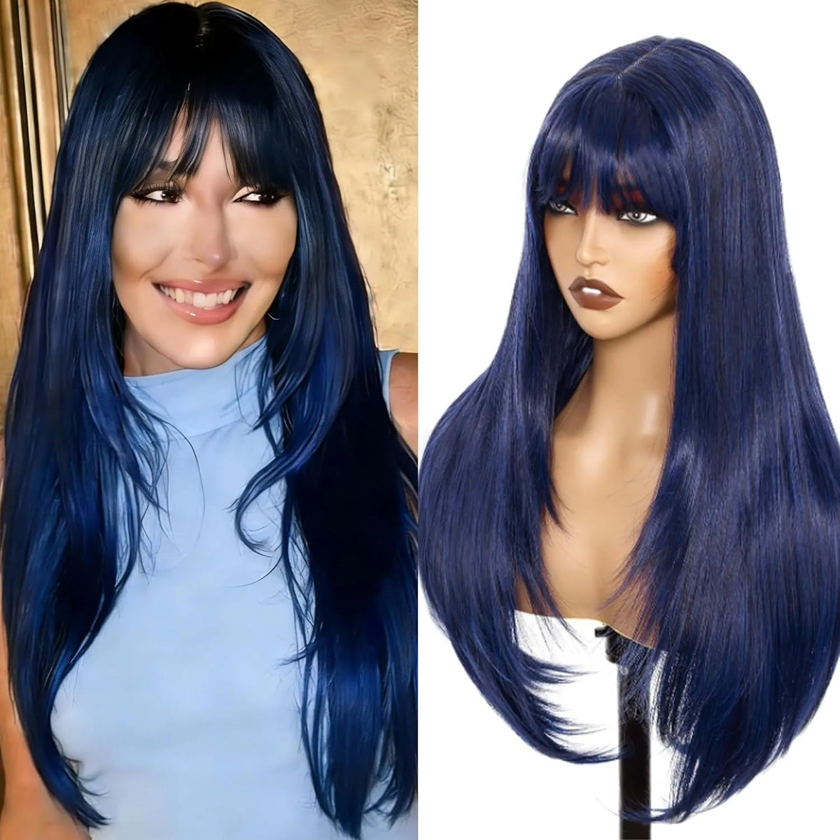Natural Straight Layered Lace Front Wig With Bangs for Women