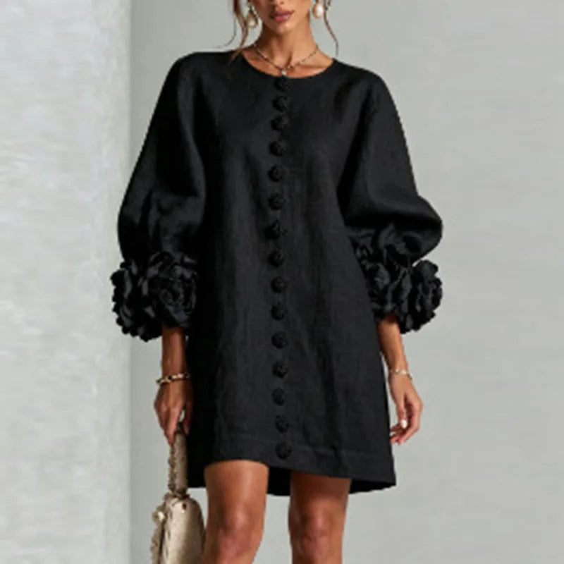 Elegant 3D Flower Bubble Sleeve Mini Dress for Women
