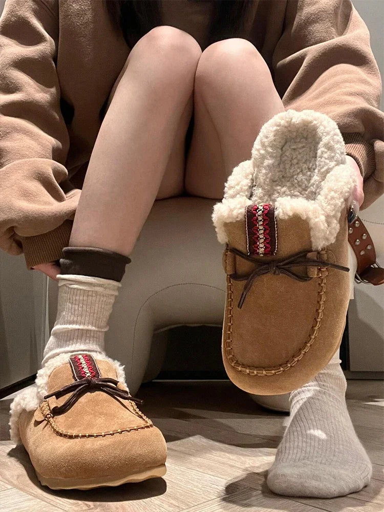 Sheepskin Fluffy Closed Toe Slippers Women Mules Shoes Warm Lace Up Indoor and Outdoor Cotton Shoes Female Winter Fashion