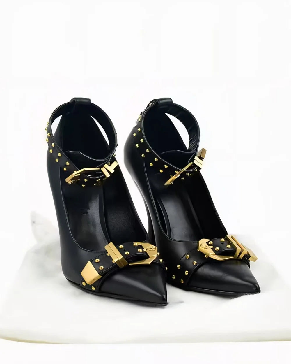 Black Faux Leather Pointed Toe Rivet Buckle Stiletto Pumps For Women