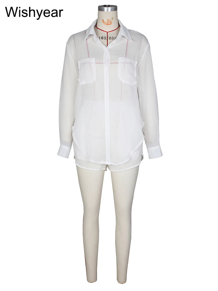 Sheer Chiffon Shirt And Shorts Two Piece Set For Women