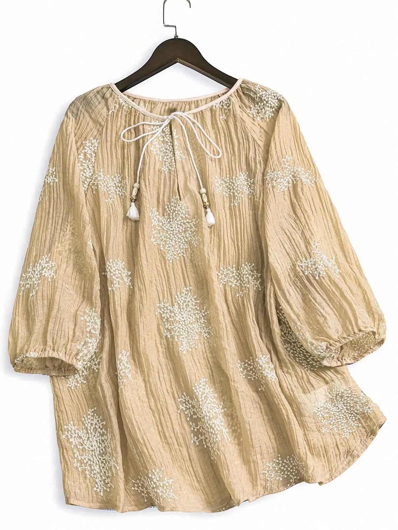 【Plus Size】 Embroidery Tie Neck Blouse, Boho Casual Bishop Sleeve Top for Daily Holiday Vacation Wear, Women Plus Clothing for A