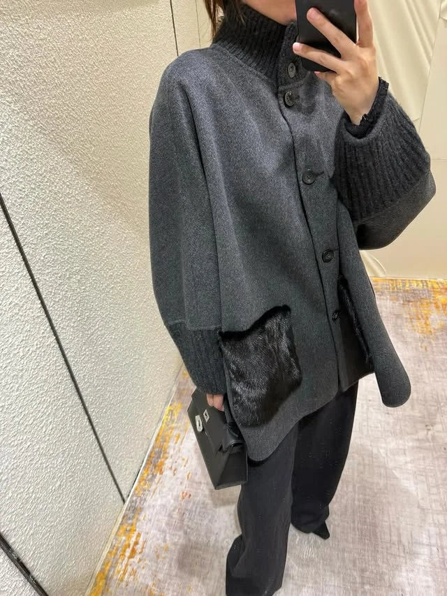 Loose Knit Fur Standup Collar Long Sleeve Pocket Cardigan for Women