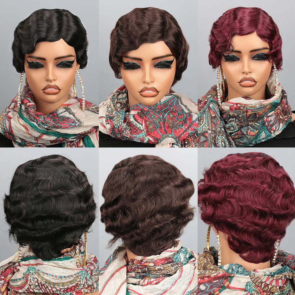 180% Density Glueless Brazilian Ocean Wave Human Hair Wig Burgundy 99J Colored Short Pixie Cut Loose Curly Finger Wave Style